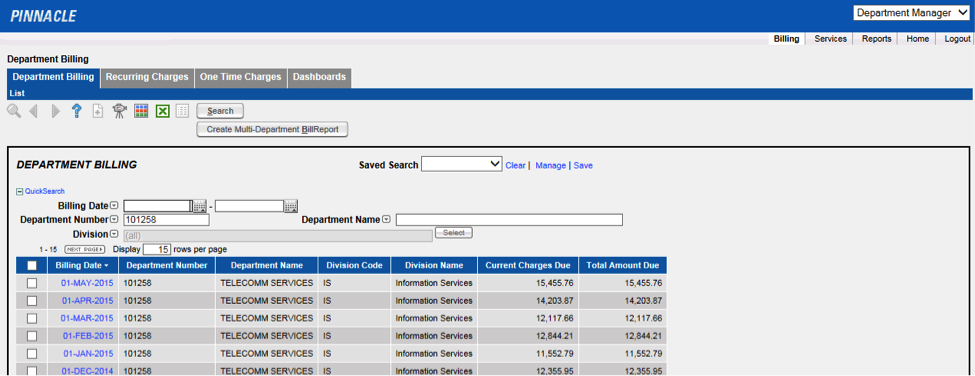Pinnacle Department Billing List