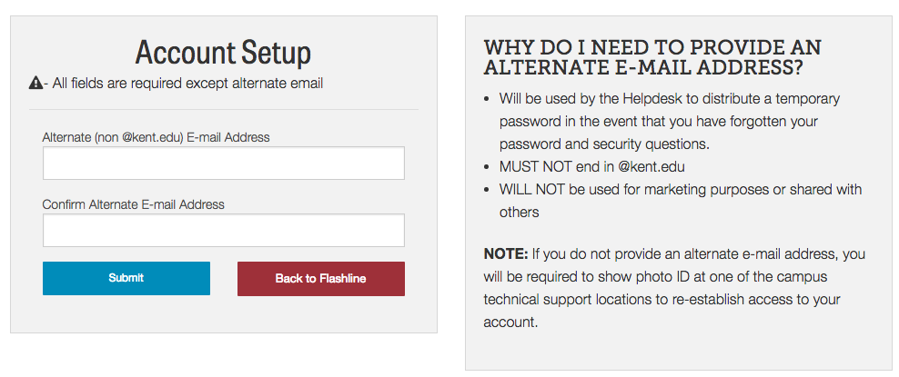 Account setup screen providing alternative email address.