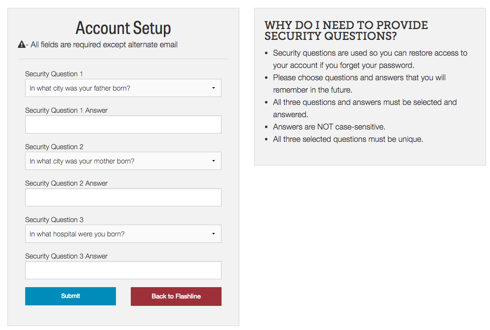 Account setup screen creating security questions.