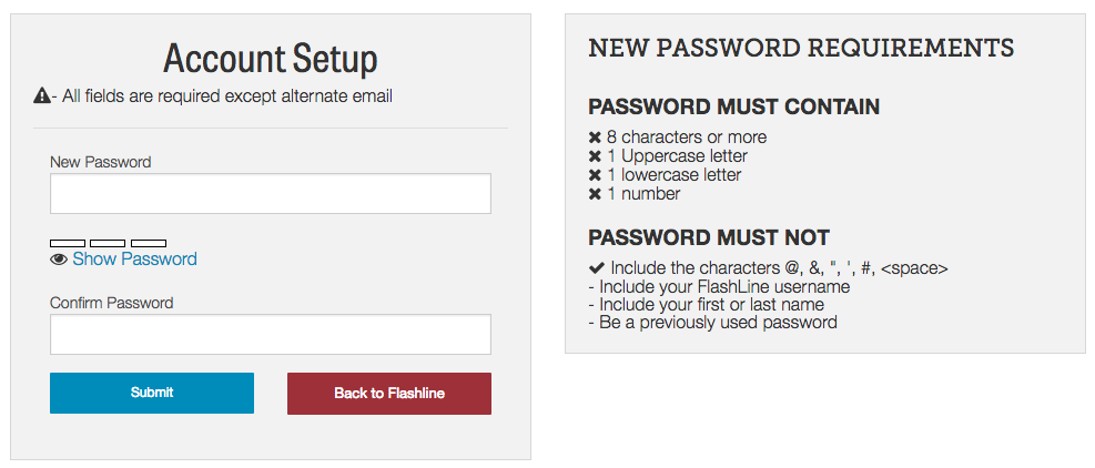 Account setup screen providing new password.