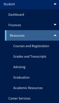 Grades and transcripts under the Student Resources menu.