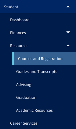 Courses and Registration under the Student Resources menu.