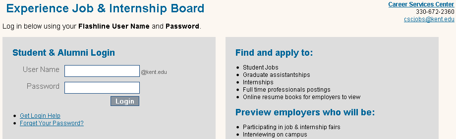 Jobs and internships login screen.