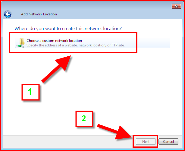 Choose a custom network location from the Add Network Location dialog box.