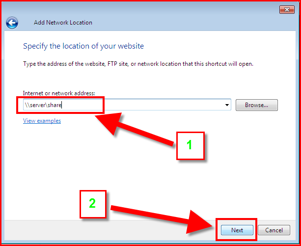 specify the \\server\share address in the add network location dialog box.