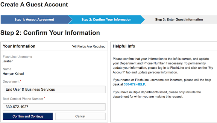 Guest account confirm your information screen