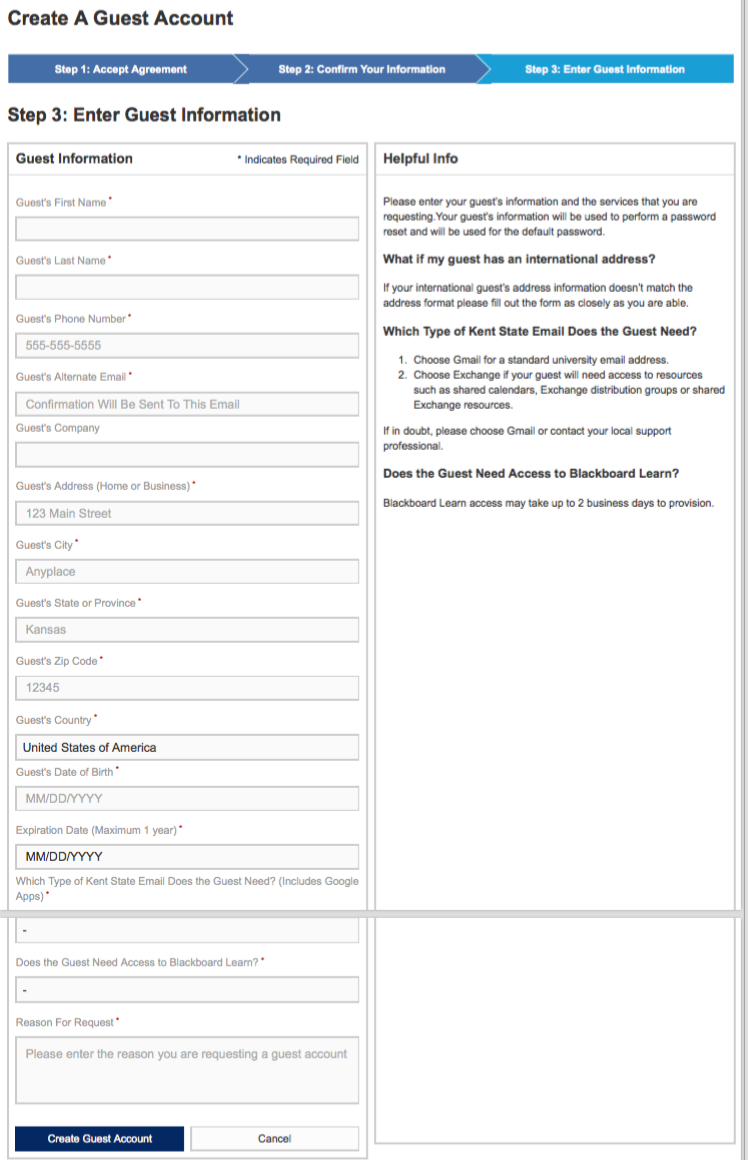 Enter Guest Account Screen
