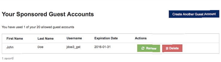 Guest account renewal process screen