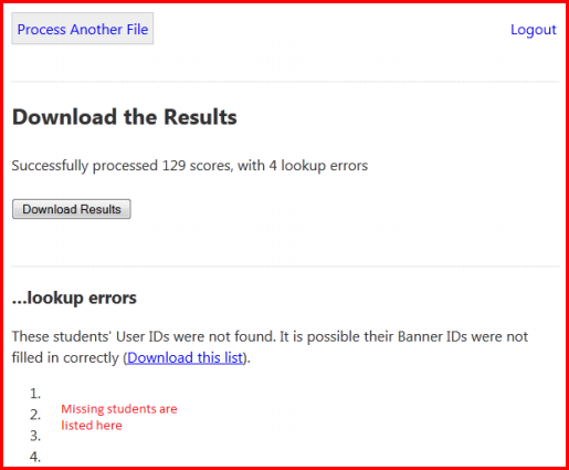 Click the Process another file link in the upper left corner of the screen, or the logout button in the upper right.