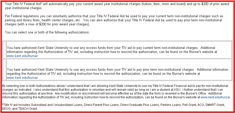 Title IV Aid Authorization of Title IV Aid award acceptance screen