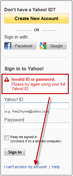 Yahoo can't access my account link.