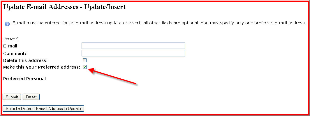 “Update Personal Information,” E-mail addresses/Personal Web Pages Updates