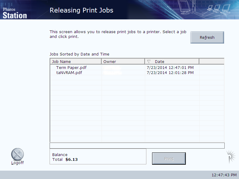 releasing print jobs screen